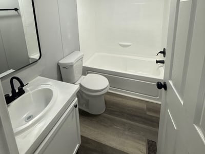 After: new vanity, new tub surround, matte black fixtures and new plank flooring.